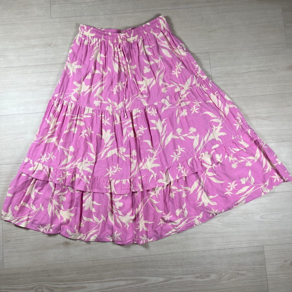 Petal + Pup Pink Floral Tiered Midi Skirt Rayon Elastic Waist Boho Womens 8